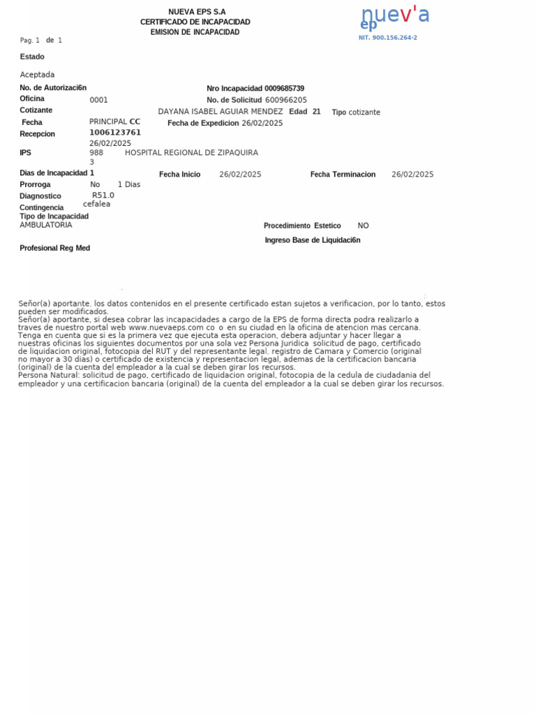 Certificado de Incapacidad Nueva EPS | PDF