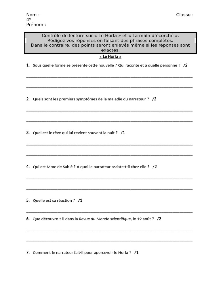 Contrôle de lecture : Le Horla et La main d'écorché | PDF | Échecs ...
