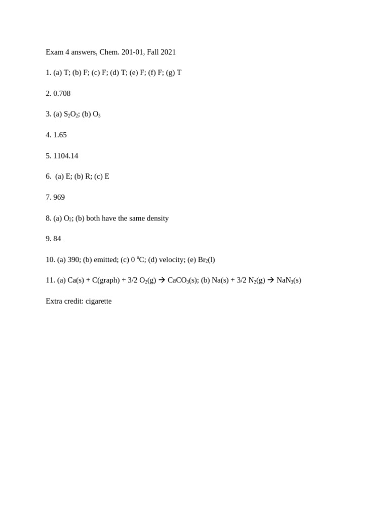 Chem 201 Exam 4 Answers Fall 2021 | PDF