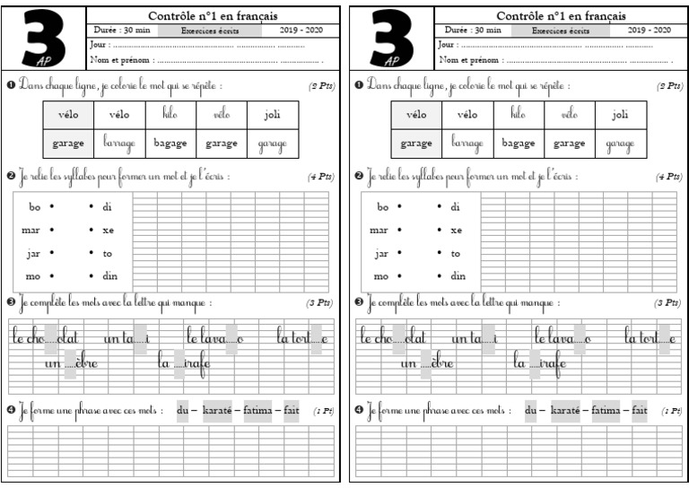 Contrôle de français 3AP: Exercices | PDF
