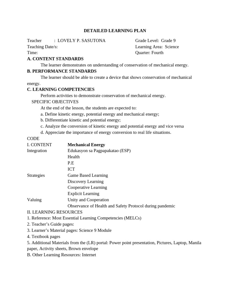 Detailed Learning Plan in Grade 9 | PDF | Collision | Momentum