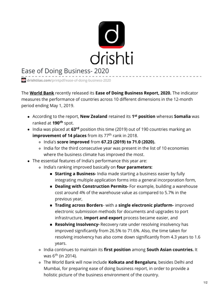 India’s 2020 Ease of Doing Business Ranking | PDF | Business | Economies