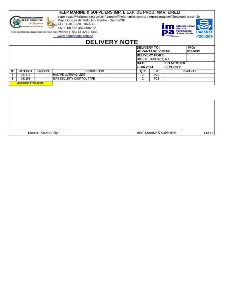 Delivery Note for Help Marine Supplies | PDF