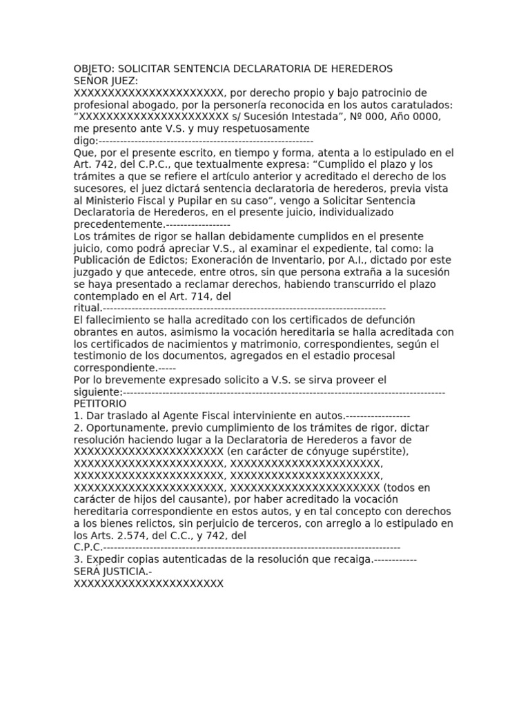 Solicitud Sentencia de Declaracion de Herederos | PDF | Justicia