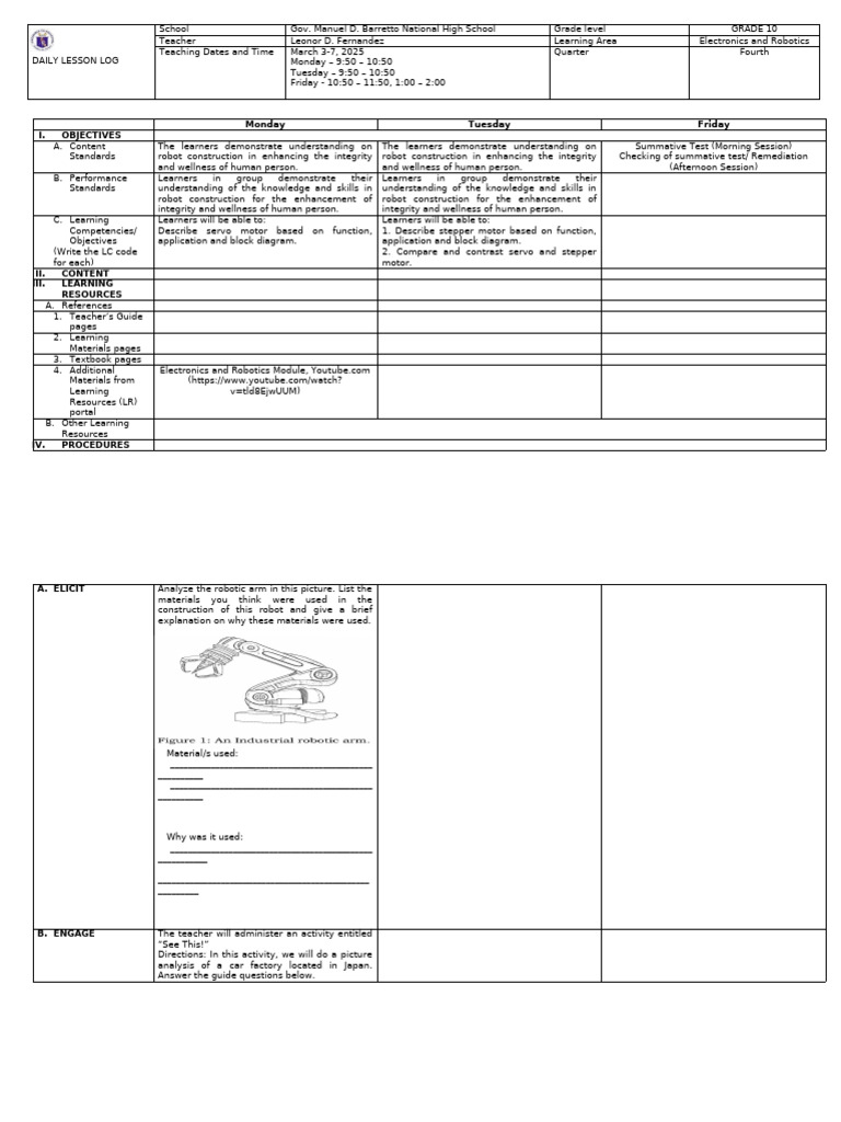 Grade 10 Robotics Lesson Plan | PDF | Electric Motor | Electrical ...