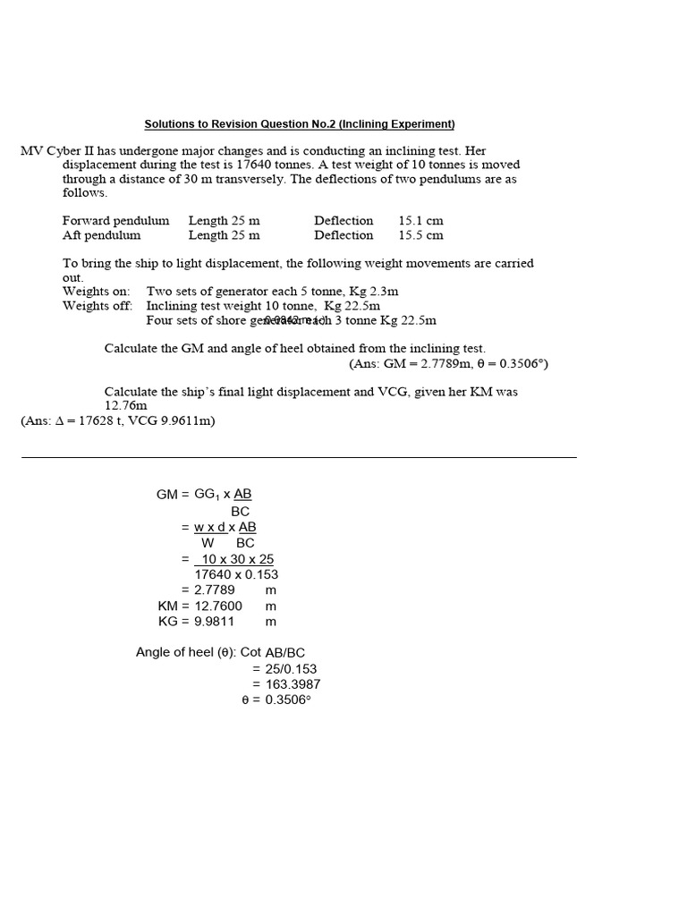 Inclining Test Calculations for MV Cyber II | PDF | Water Transport ...