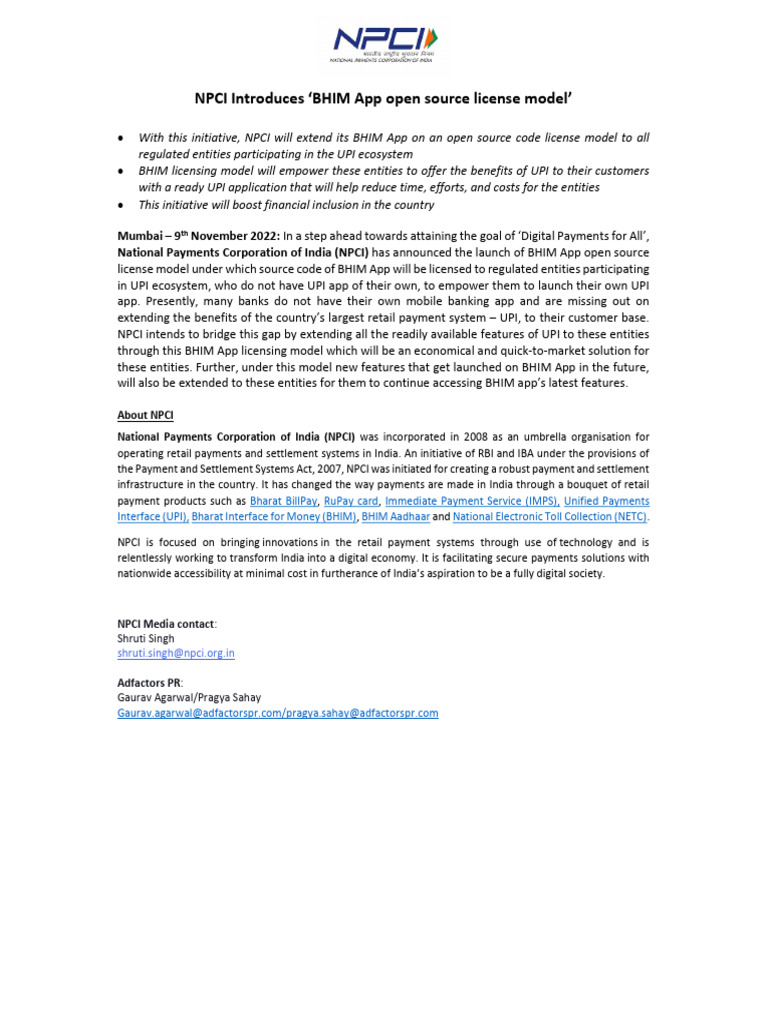 NPCI Press Release BHIM App Open Source License Model | PDF | Money ...