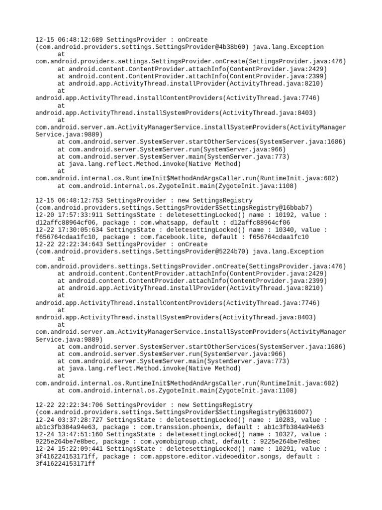 SettingsProvider Exception Log | PDF