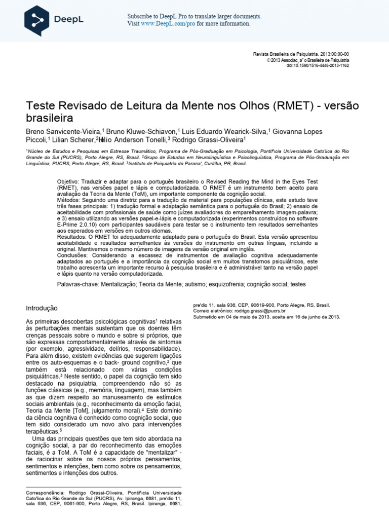 Adaptação do RMET para o Português | PDF | Pensamento | Emoções