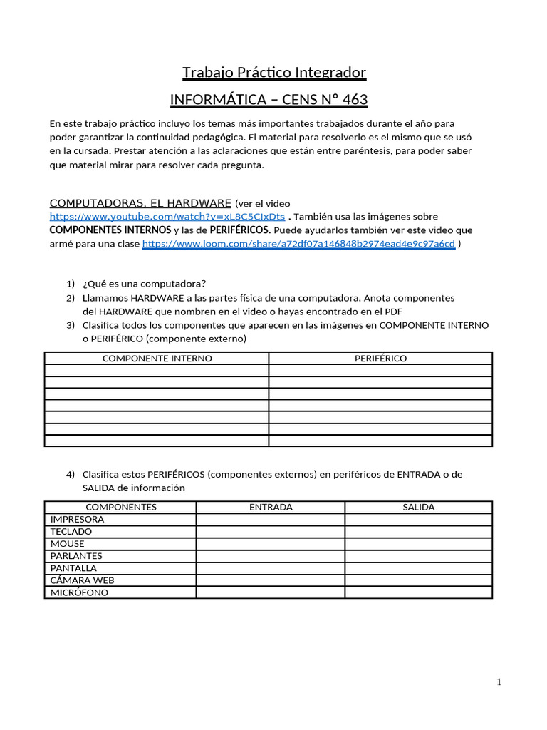 Trabajo Práctico de Informática CENS 463 | PDF | Periférico | Hardware ...