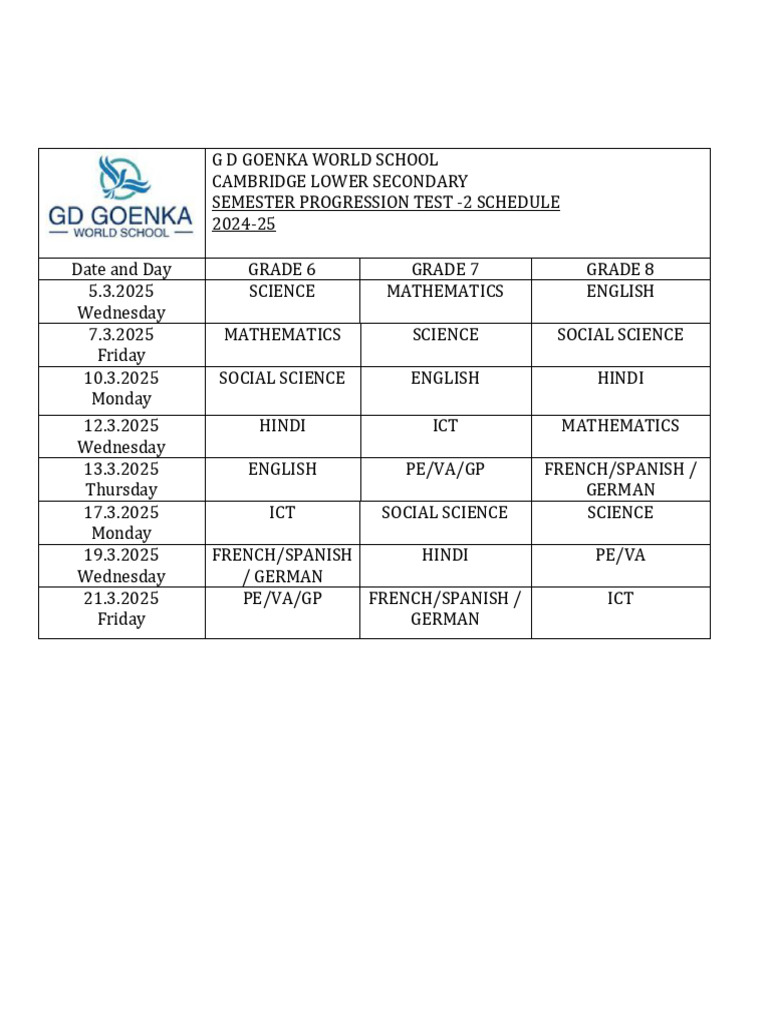 G D Goenka School 2024-25 Test Schedule | PDF