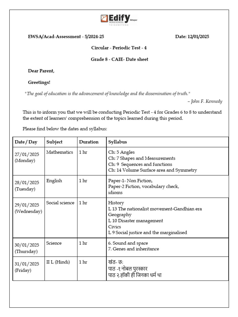 Grade 8 Periodic Test 4 Schedule 2025 | PDF | Learning | Cognition