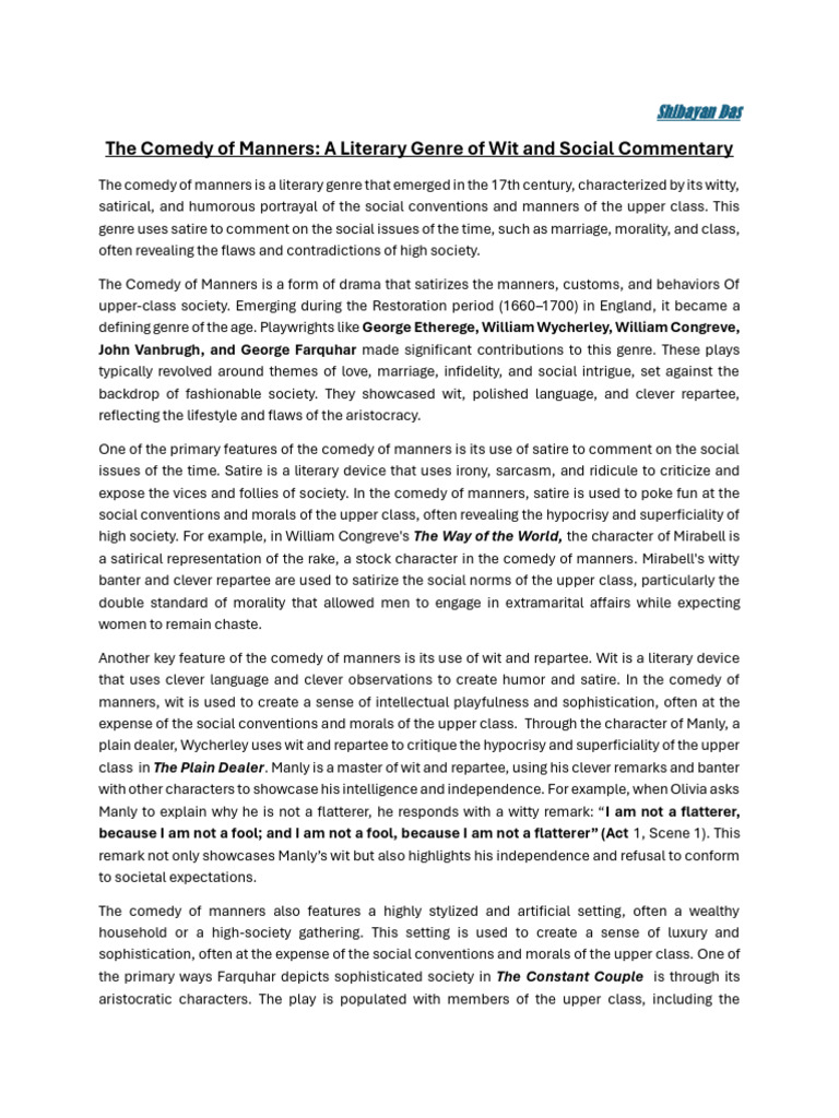 Comedy Of Manners Pdf Satire Comedy