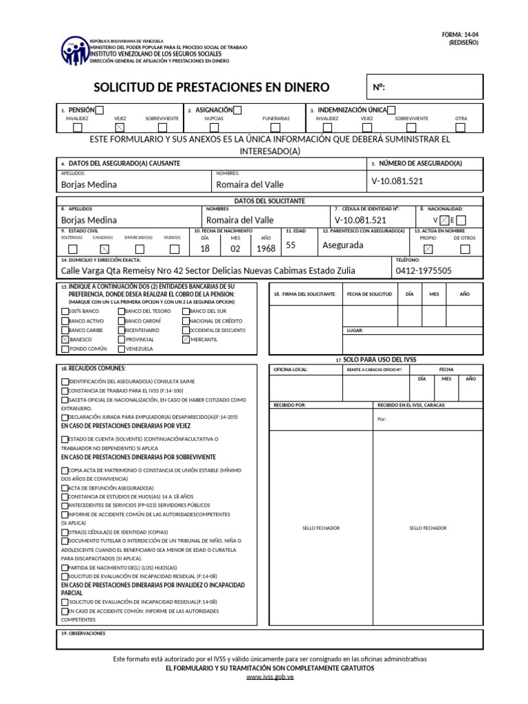 Formato 14-04 IVSS para Solicitudes | PDF | Bancos