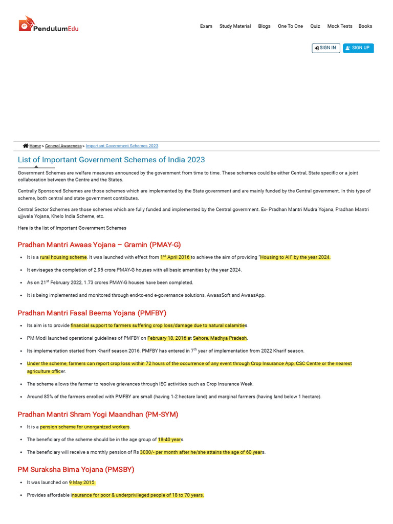 Government Schemes Overview | PDF | Economy Of India | Government Of India