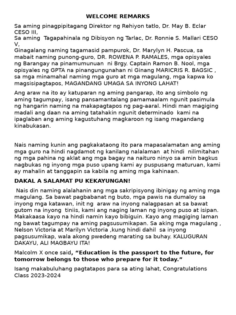 WELCOME REMARKS | PDF