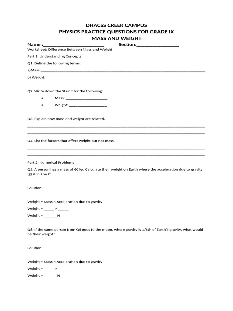Grade IX Mass and Weight Worksheet | PDF | Weight | Mass