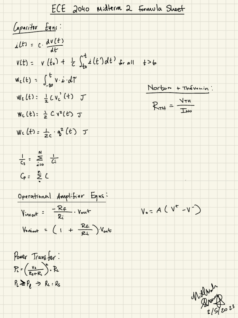ECE 2040 Midterm 2 Formula Sheet | PDF | Electronics | Manufactured Goods