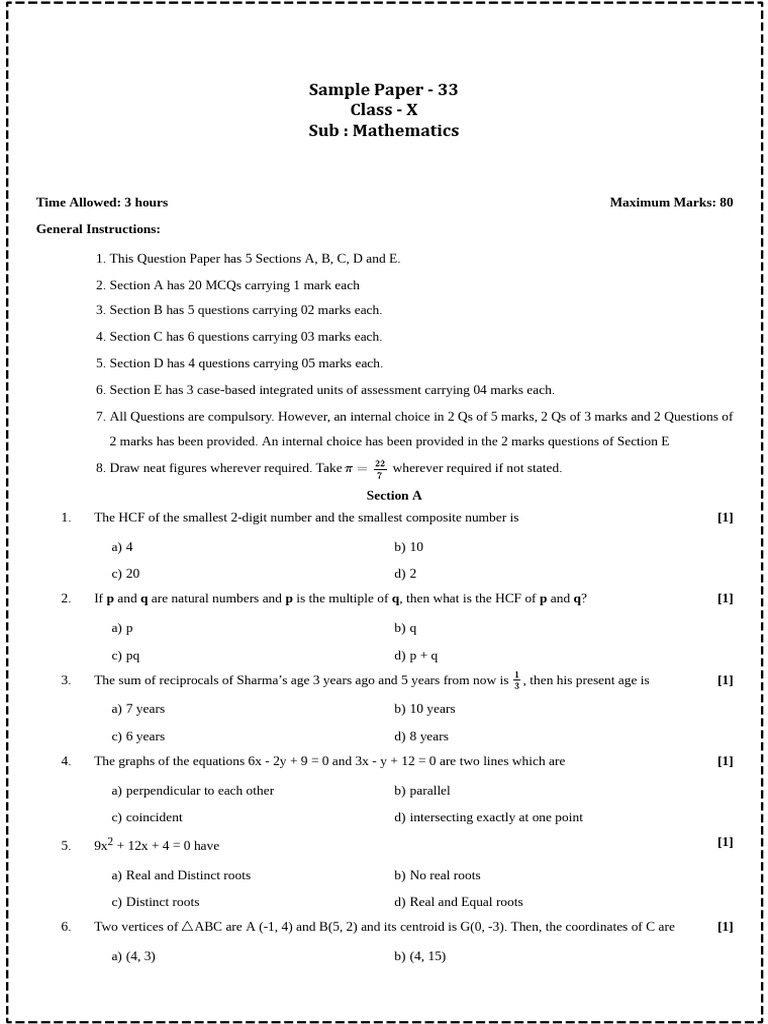 Class X Mathematics Sample Paper Pdf Area Trigonometric Functions