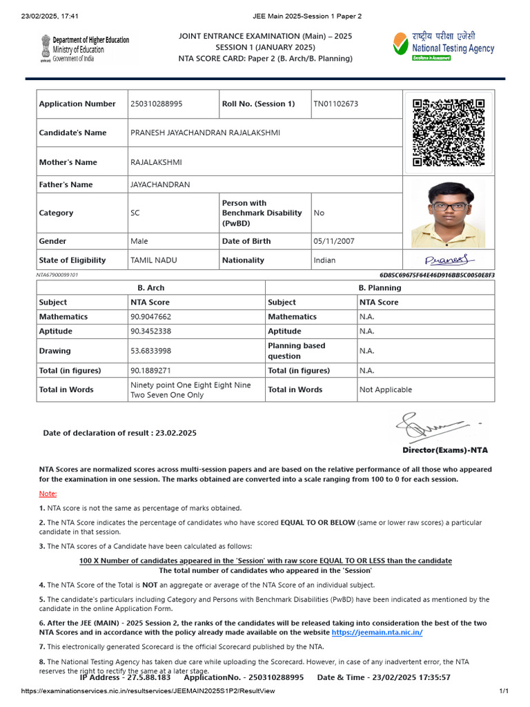 JEE Main 2025 Session 1 Scorecard | PDF | Tests | Student Assessment ...