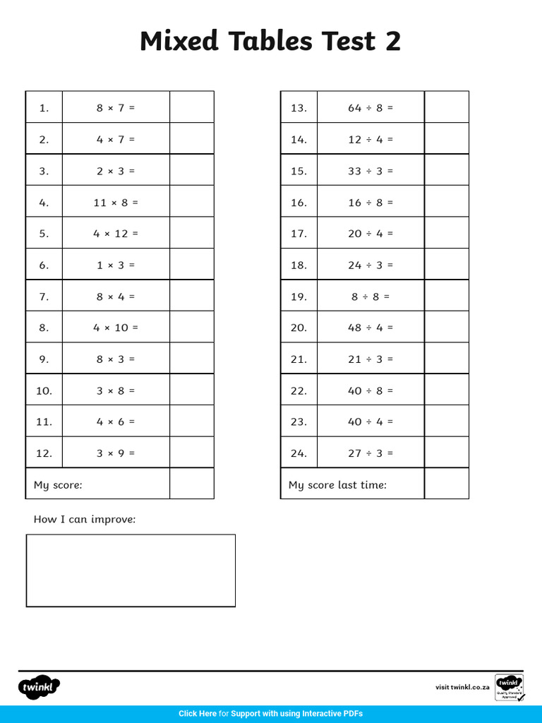 Mixed Tables Test 2 Tests Pdf