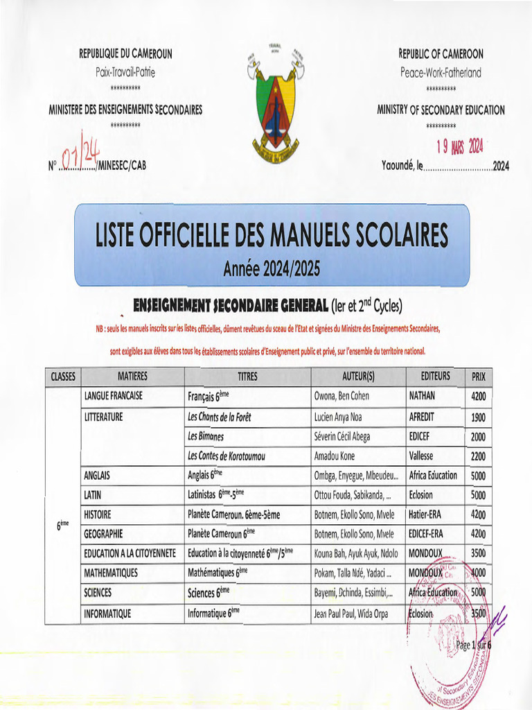 Liste des manuels scolaires MINSEC 2025 | PDF