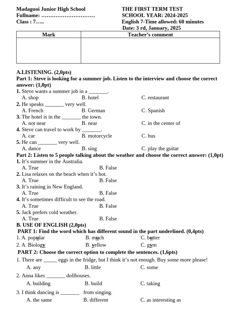 English 7 First Term Test 2024-2025 | PDF | Lunch | Meal