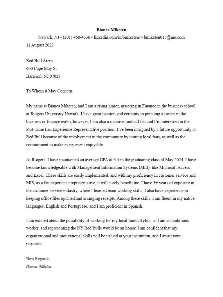 Bianca Miketen: Job Application for Fan Role | PDF