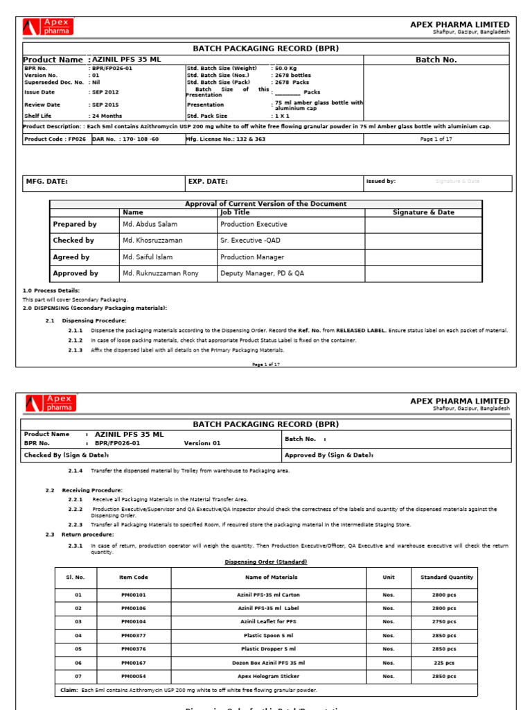 Azinil PFS 35 ML Batch Packaging Record | PDF | Business Process ...