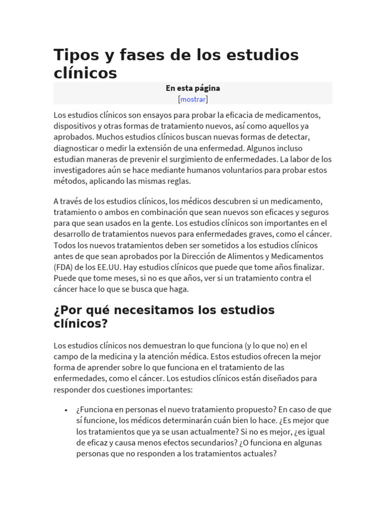 Fases y Tipos de Estudios Clínicos | PDF | Ensayo clínico | Cáncer