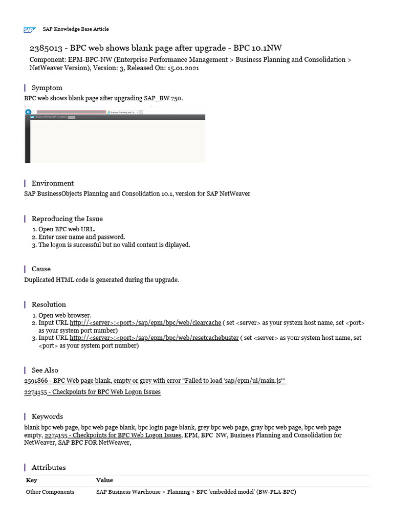 BPC Web Shows Blank Page After Upgrade - BPC 10.1NW | PDF