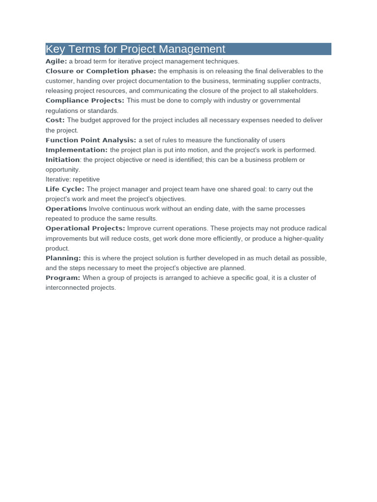 Key Terms For Project Management | PDF