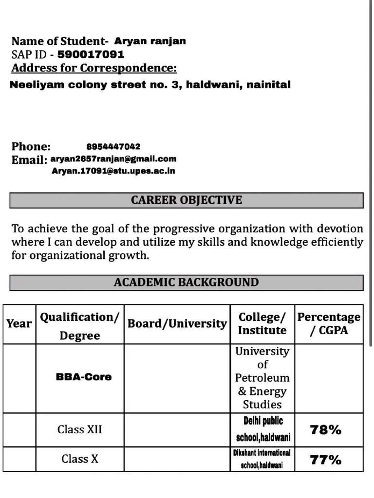 Aryan Ranjan's Resume and Career Goals | PDF