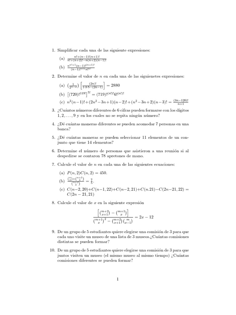 Ejercicios de Combinatoria y Permutaciones | PDF | Matemáticas