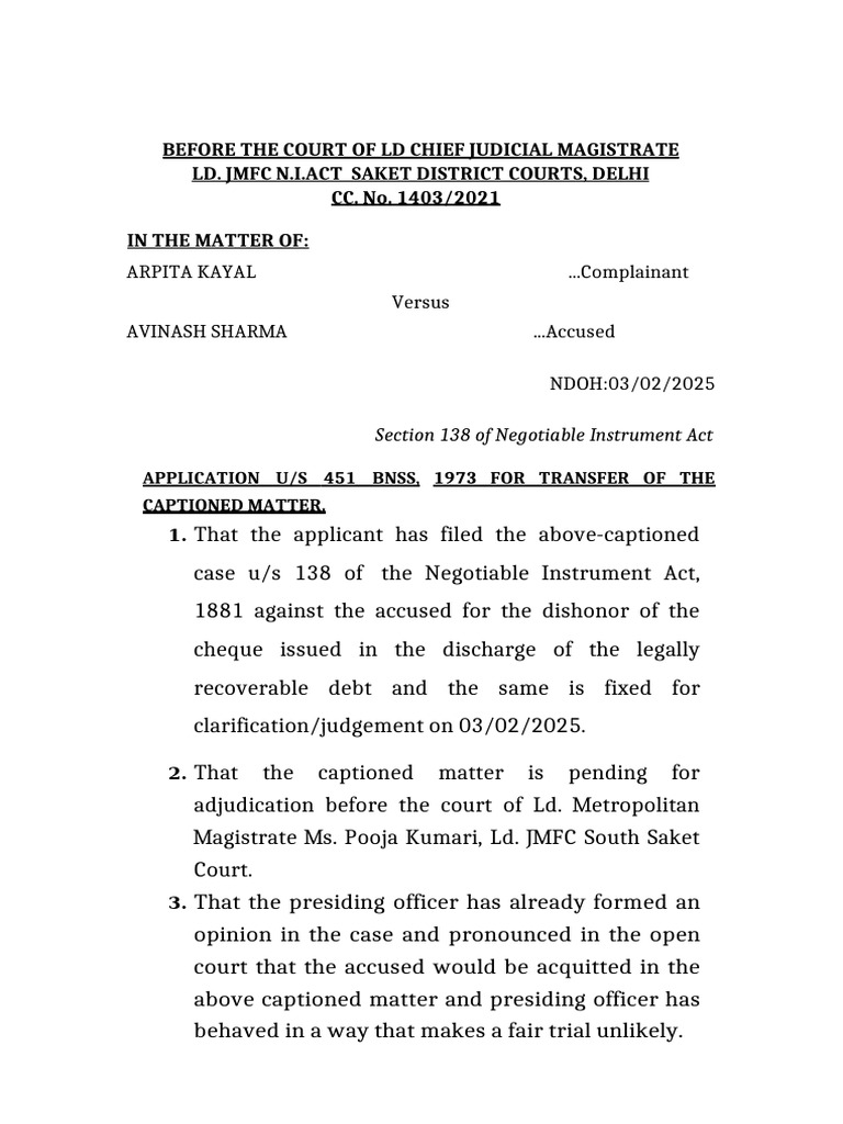 Transfer Application in N.I. Act Case | PDF | Affidavit | Magistrate