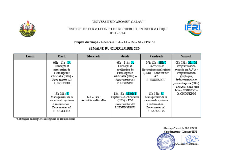 Emploi du temps Licence 2 IFRI UAC | PDF | Informatique | Informatique