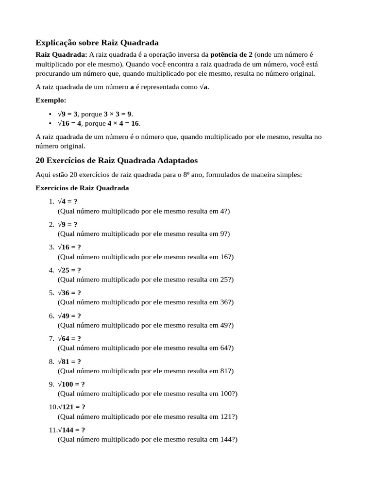 Exercícios de Raiz Quadrada para 8º Ano | PDF | Raiz quadrada | Matemática