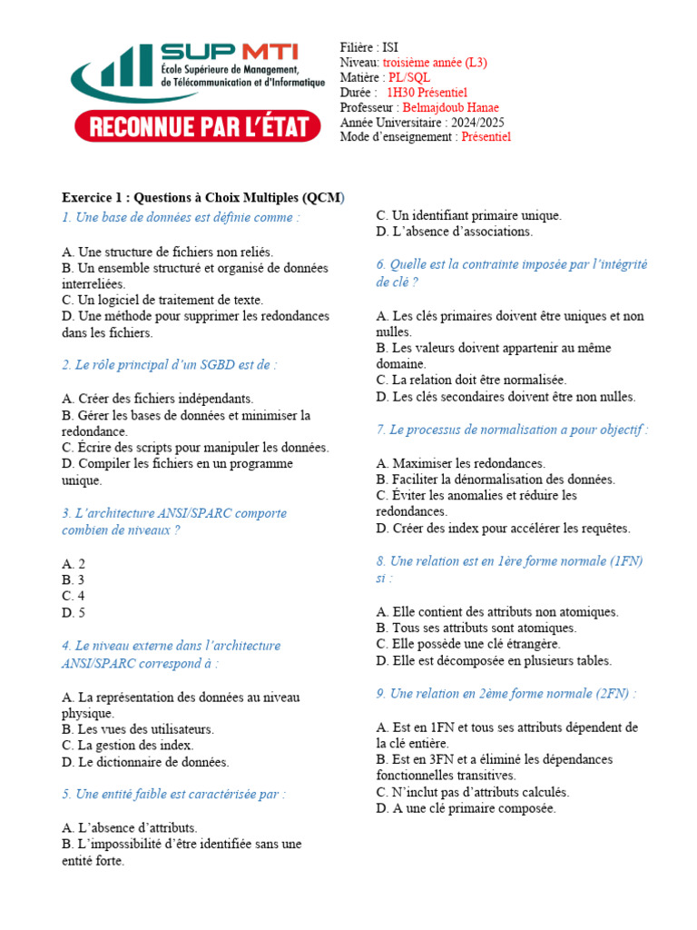 QCM et SQL sur PL/SQL en L3 ISI | PDF | Modèle de données | Gestion des ...