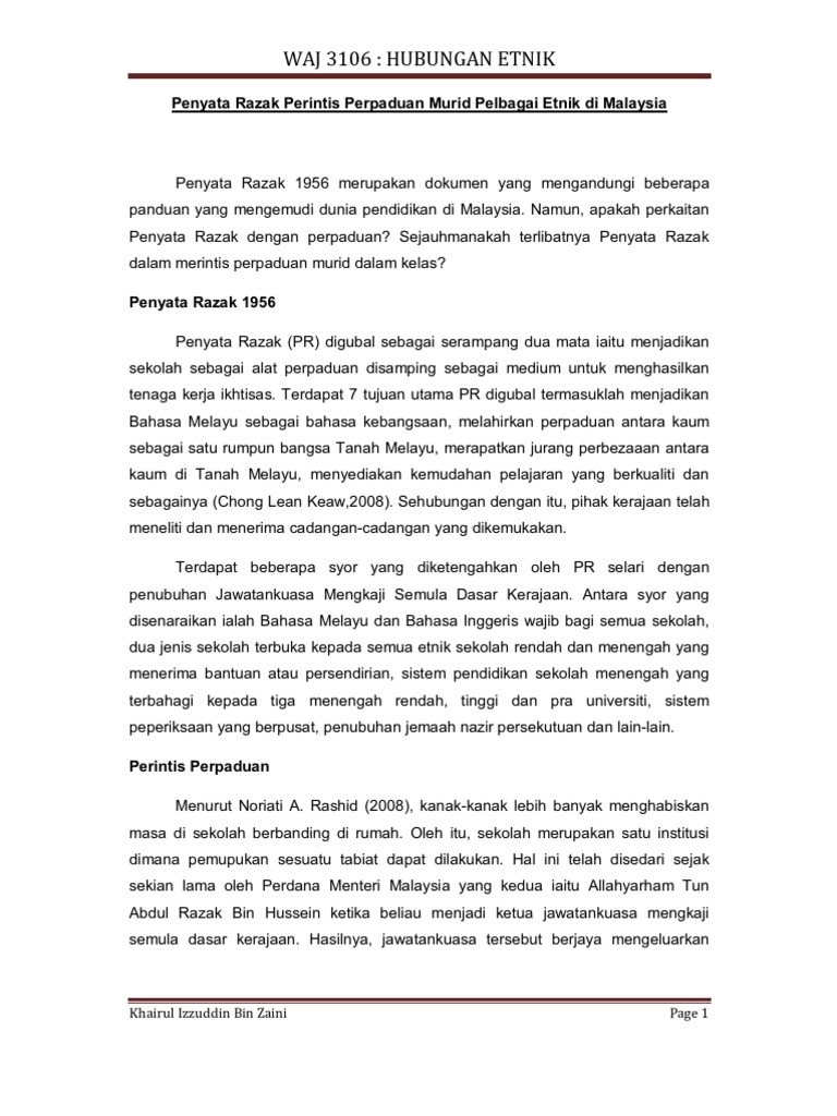 Penyata Razak Perintis Perpaduan Murid Pelbagai Etnik Di Malaysi