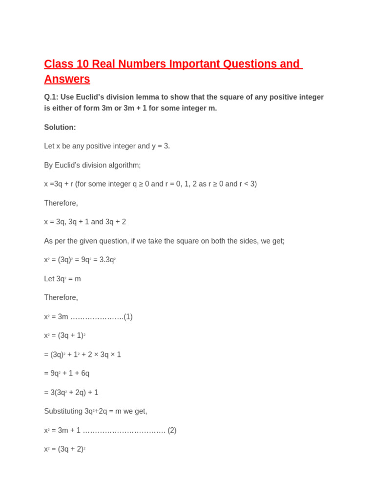 Class 10 Real Numbers: Key Questions & Solutions | PDF | Numbers ...