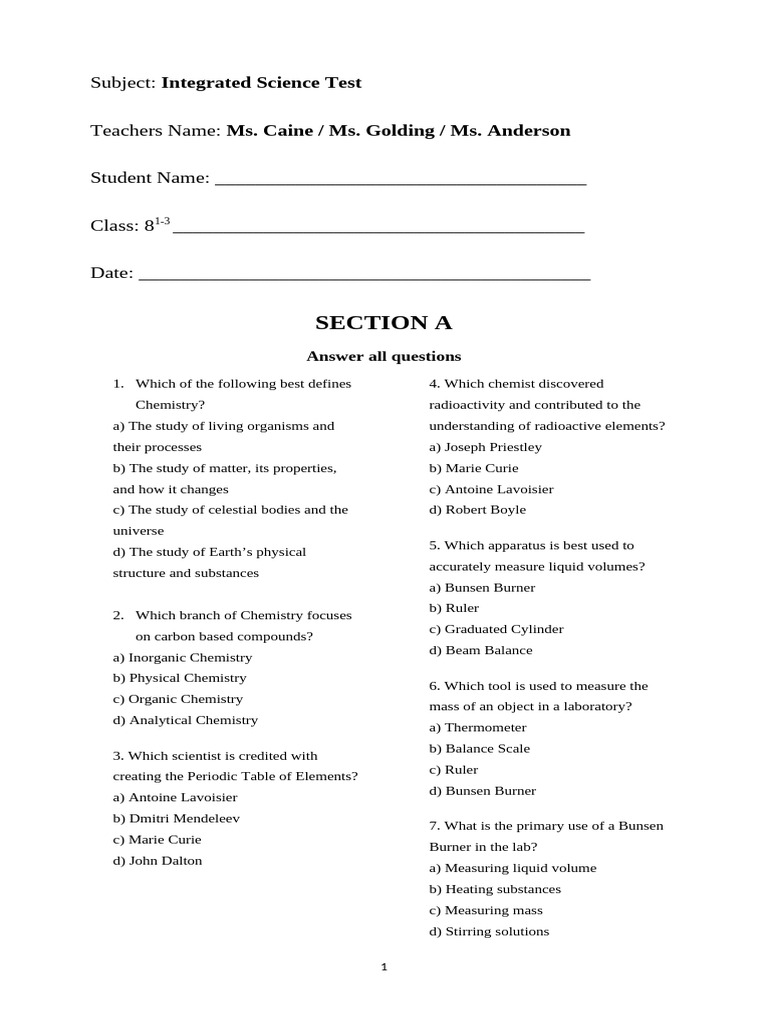 Grade 8 Science Quiz | PDF | Chemical Elements | Chemistry