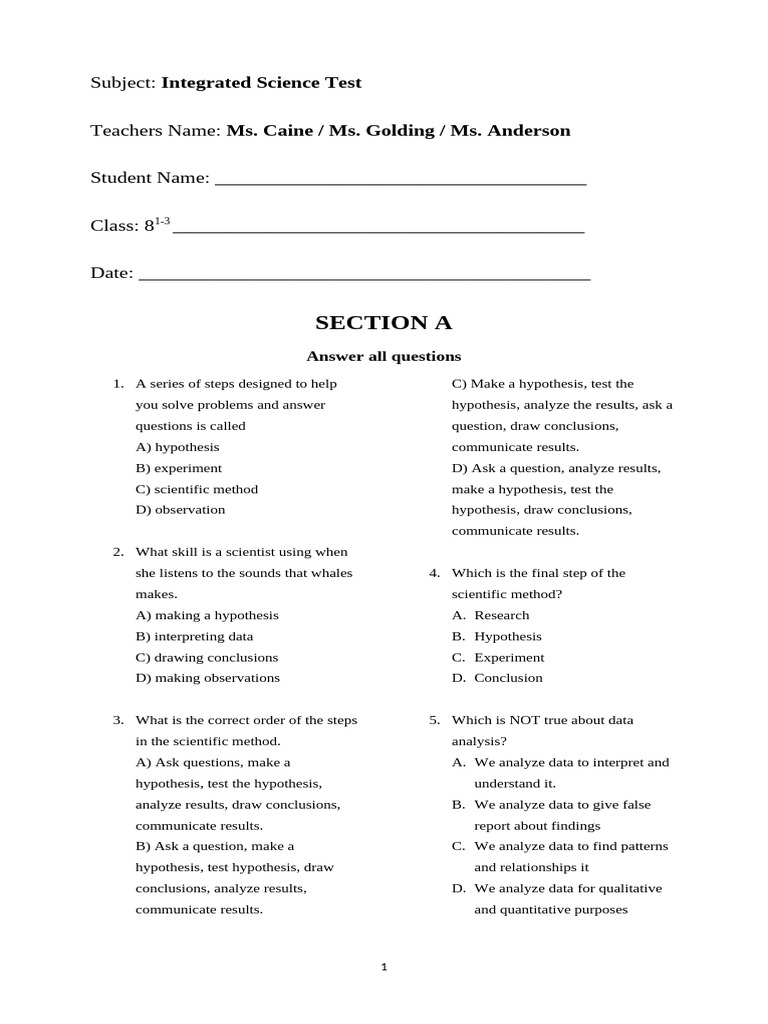 Grade 8 Integrated Science Test - 2024 | PDF | Hypothesis | Data Analysis
