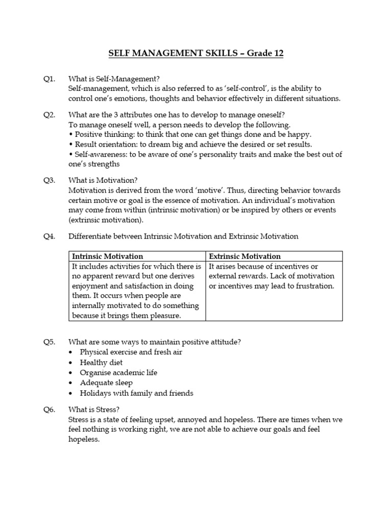 Self Management Question & Answers Grade 12 | PDF | Personality ...
