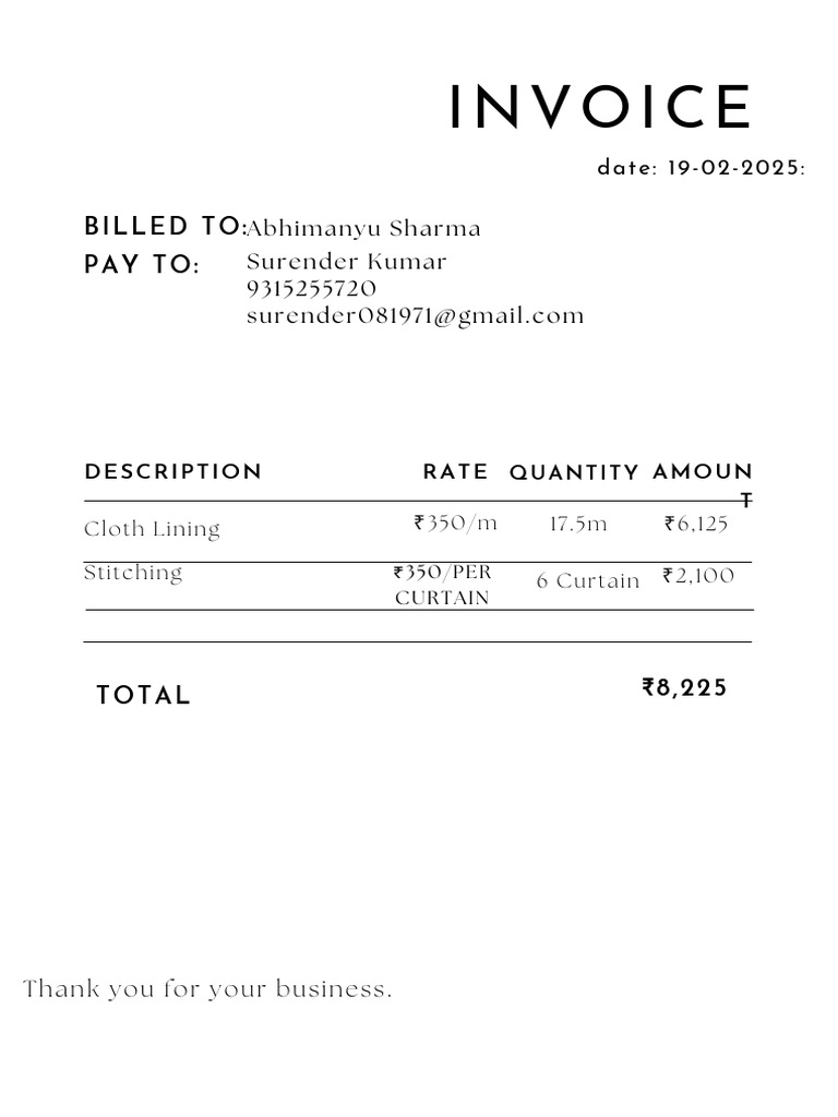 Invoice for Cloth Lining and Stitching | PDF