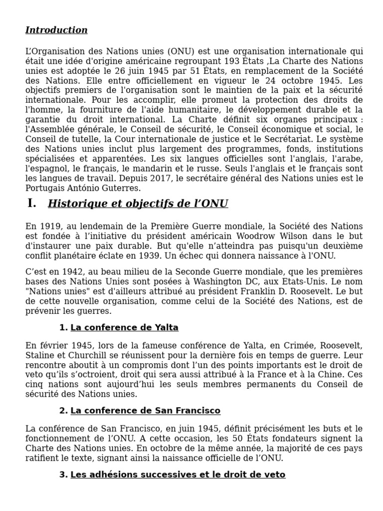Introduction et fonctionnement de l'ONU | PDF | Nations unies ...