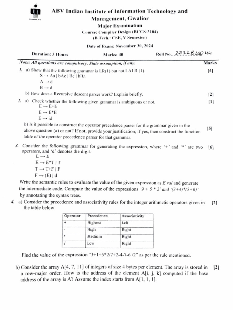 Compiler Design Exam Questions and Solutions | PDF | Parsing | Grammar