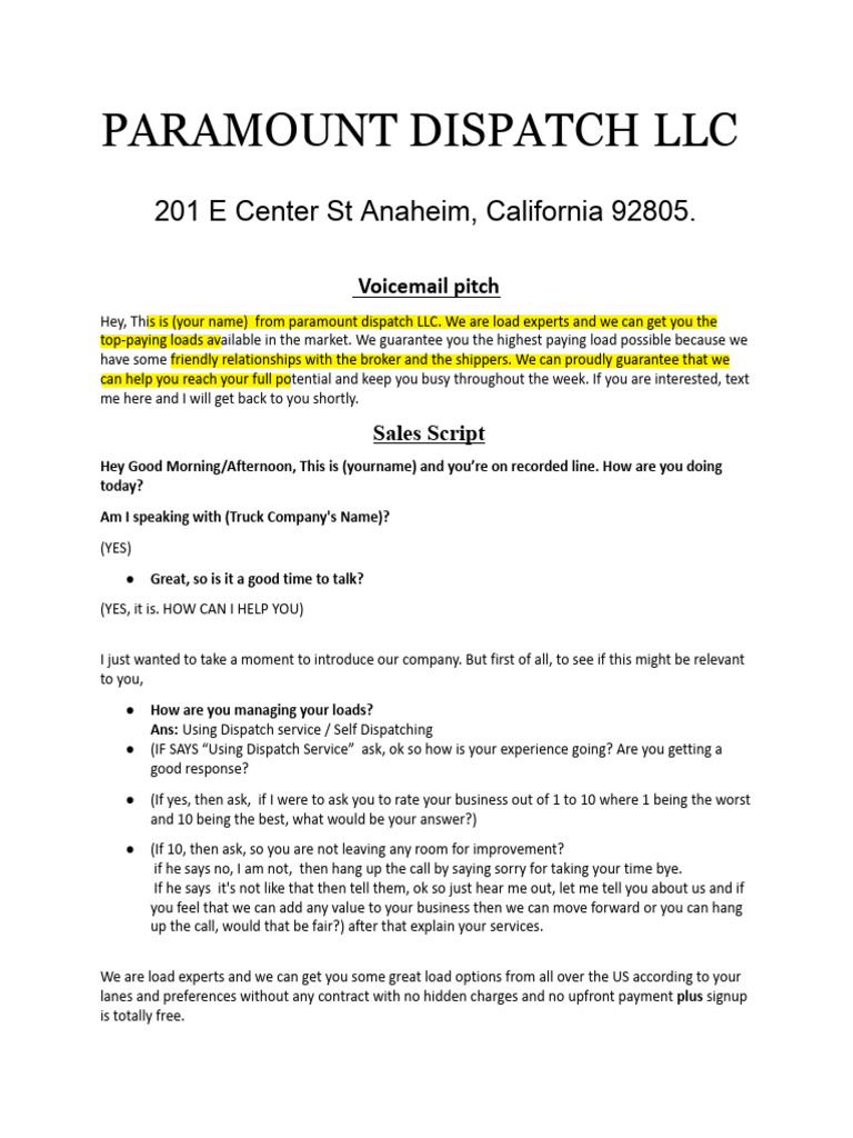 Paramount Dispatch LLC Sales Script | PDF