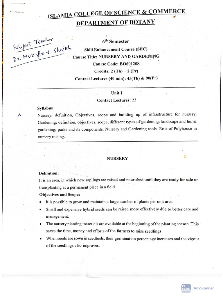 Nursery and Gardening Ist Unit | PDF