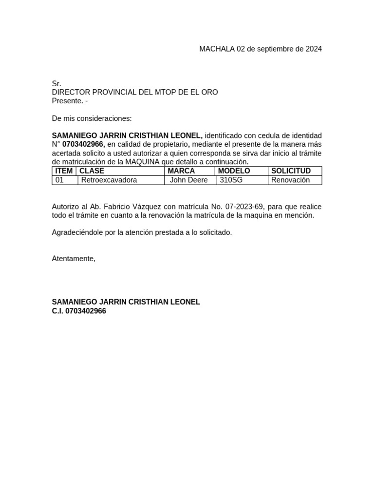 Oficio para El Mtop para Maquinas | PDF