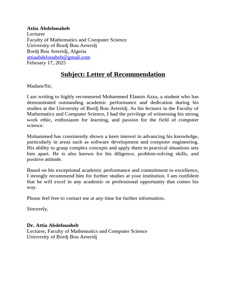 Recommendation for Mohammed Elamin Azza | PDF | University | Science